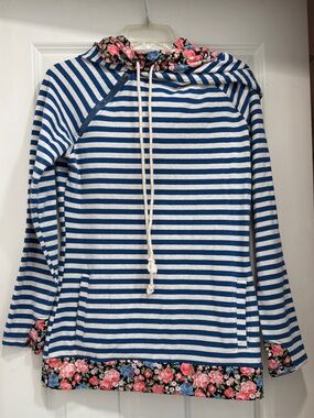 AMPERSAND AVE Blue & White Striped Hoodie with Floral Trim